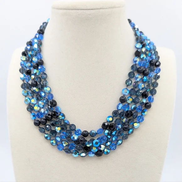 Vintage 16" Blue Glass Multi-strand Necklace - Picture 1 of 9